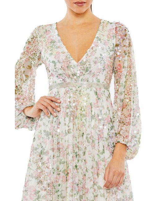 Mac Duggal Natural Sequin Floral Long Sleeve Cocktail Midi Dress