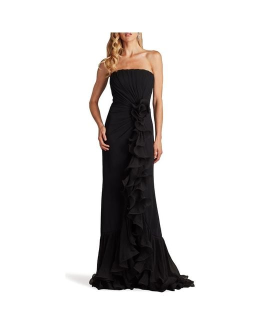 Tadashi Shoji Black Ruffle Detail Strapless Gown