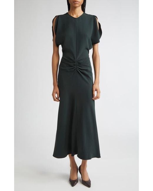 Victoria Beckham Black Gathered Waist Crepe Midi Dress