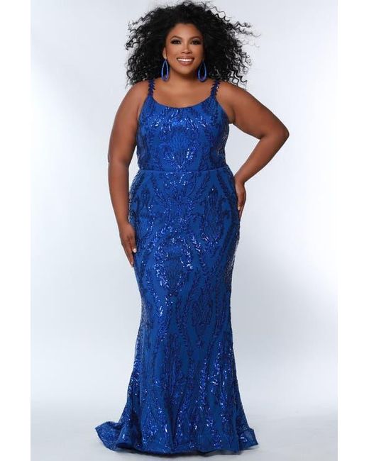Sydney's Closet Blue Plus Size Scoop Neck Fitted Sequin Evening Gown