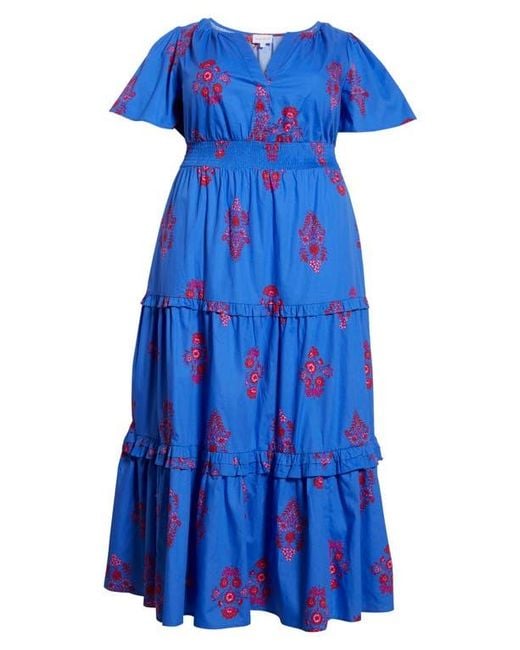 Sugarlips Blue Shayna Floral Palmer Tiered Cotton Poplin Maxi Dress