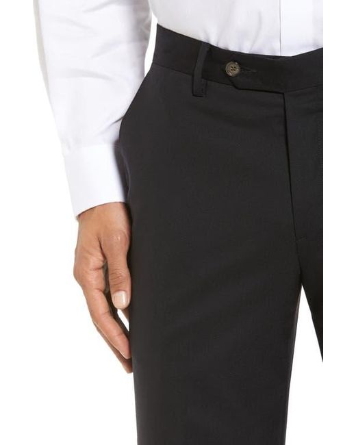 Berle Black Flat Front Stretch Solid Wool Trousers for men