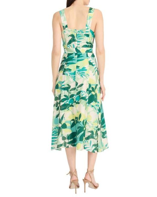 Maggy London Green Botanical Print Belted A-Line Dress