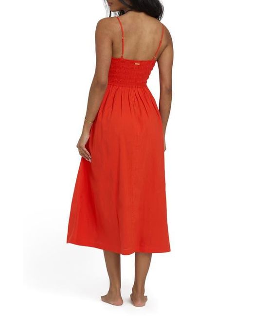 Billabong Red Such A Trip Smocked Bodice Cotton Midi Dress