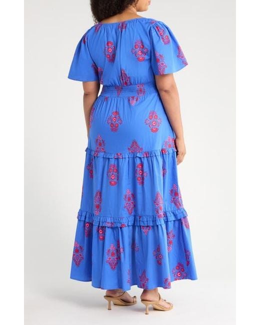 Sugarlips Blue Shayna Floral Palmer Tiered Cotton Poplin Maxi Dress