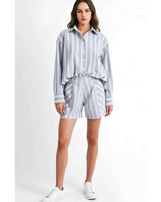 Modenaire Blue Striped Button-Up Shirt And High-Waist Shorts Set With Relaxed Fit