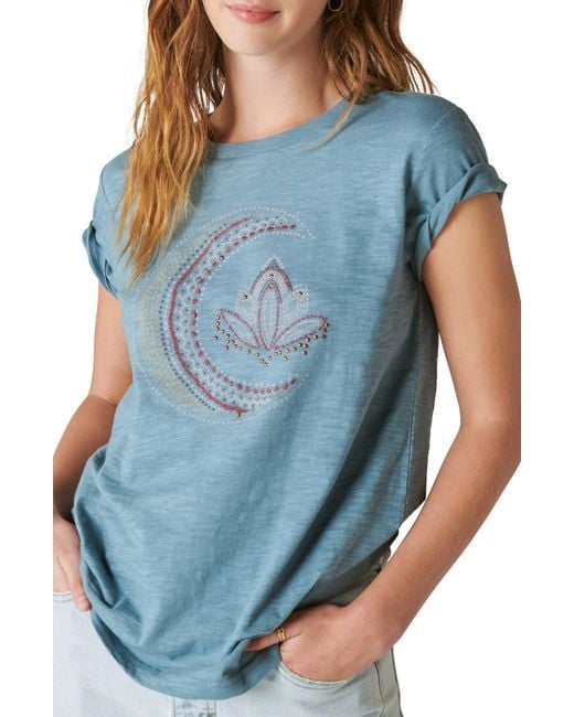Lucky Brand Moon Embellished Cotton Graphic T-shirt in Blue