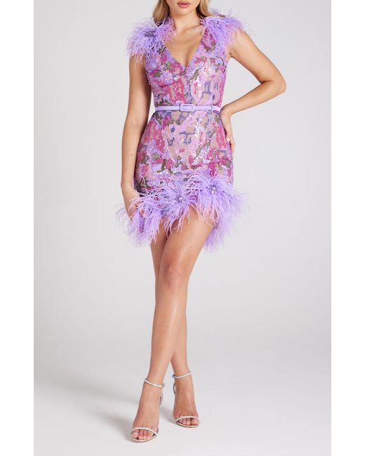Nadine Merabi Purple Isla Belted Ostrich & Turkey Feather Trim Minidress