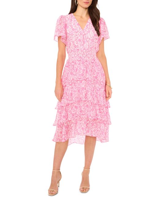 Vince Camuto Pink Floral Tiered Midi Dress