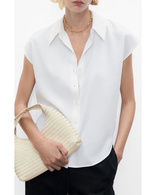 Mango White Cap Sleeve Button-Up Shirt