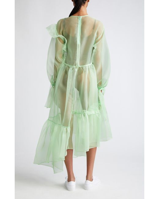 KkCo Green Nine Twenty-seven Asymmetrical Ruffle Sheer Organza Dress