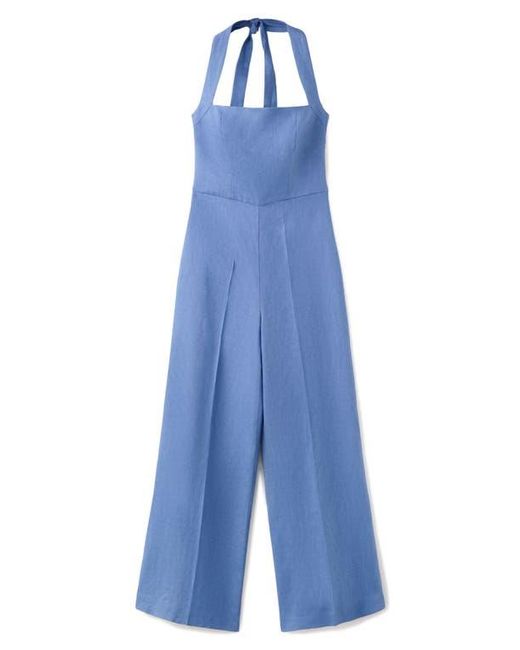 Mango Blue Solid Linen Halter Jumpsuit