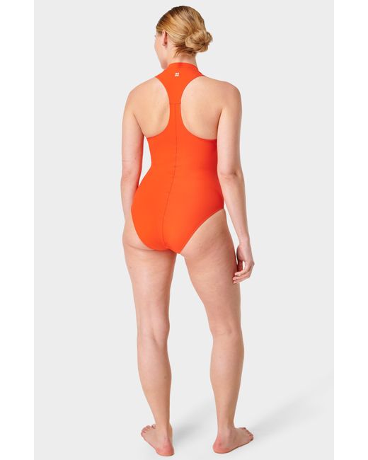 Sweaty Betty Orange Vista High Neck Zip-up One-piece Swimsuit
