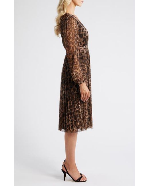 Halogen Metallic Leopard Print Long Sleeve Midi Dress in Brown | Lyst
