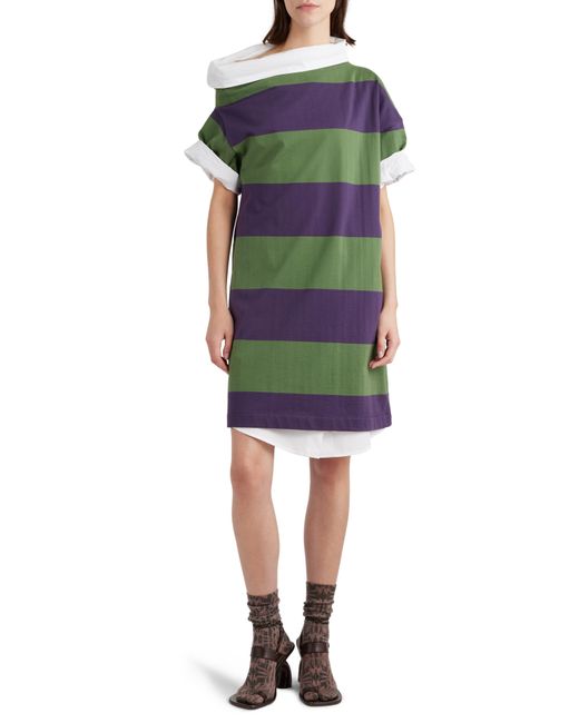 Dries Van Noten Purple Rugby Stripe Asymmetric Short Sleeve Sweatshirt Dress
