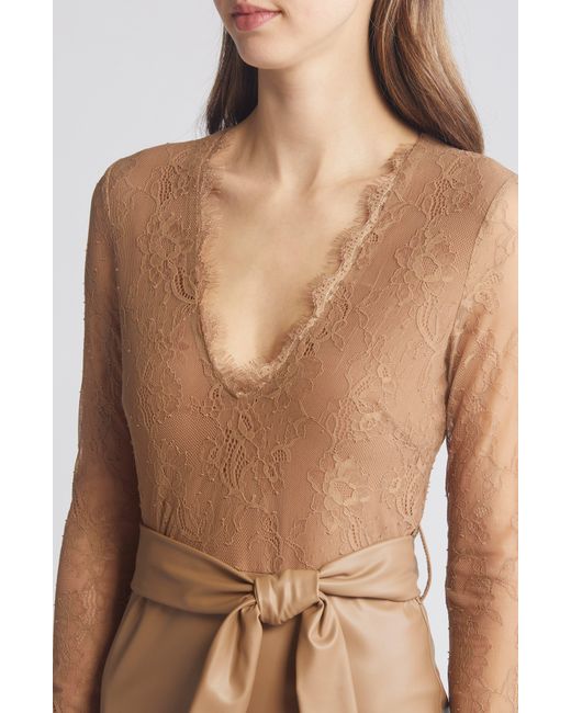 Bebe Natural Mixed Media Long Sleeve Lace & Faux Leather Dress