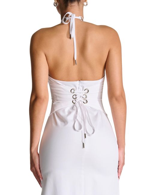 Naked Wardrobe White Halter Corset Side Slit Dress