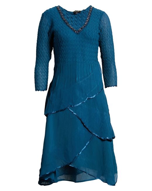 Komarov Blue Beaded Tiered Chiffon Cocktail Dress