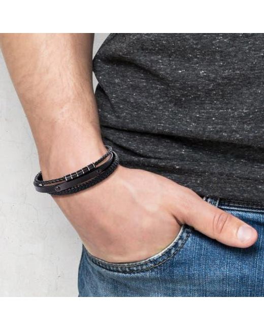 Lucky Brand Black Stainless Steel 3-Row Cord Bracelet for men