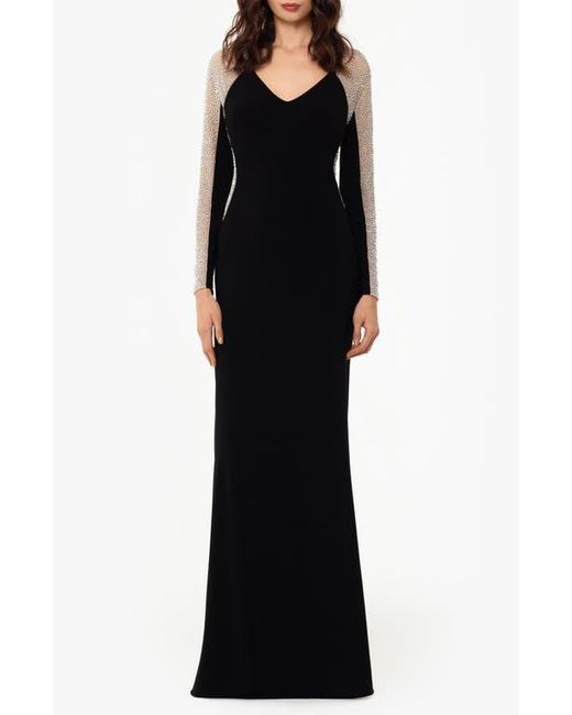 Xscape Evenings Black Wren Crystal Beaded Long Sleeve Jersey Gown