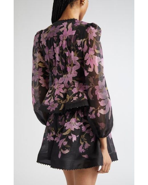 Zimmermann Purple Dawning Beaded Linen & Silk Peplum Top