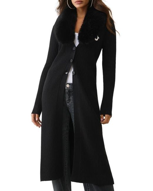 True Religion Black Embroidered Faux Fur Accent Rib Longline Cardigan