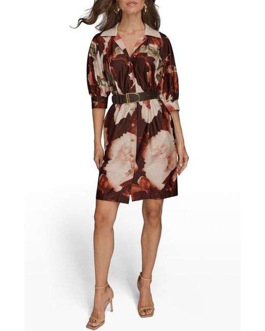 Donna Karan Brown Floral Print Belted Shirtdress