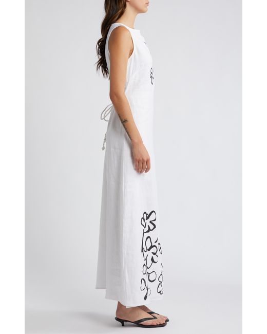 Faithfull The Brand White Nahana Floral Sketch Linen Dress