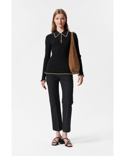 & Other Stories Black Tipped Ribbed Ruffle Trim Polo Sweater