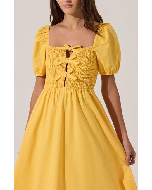 Astr Yellow Bow Detail Smock Bodice Cotton Blend Dress