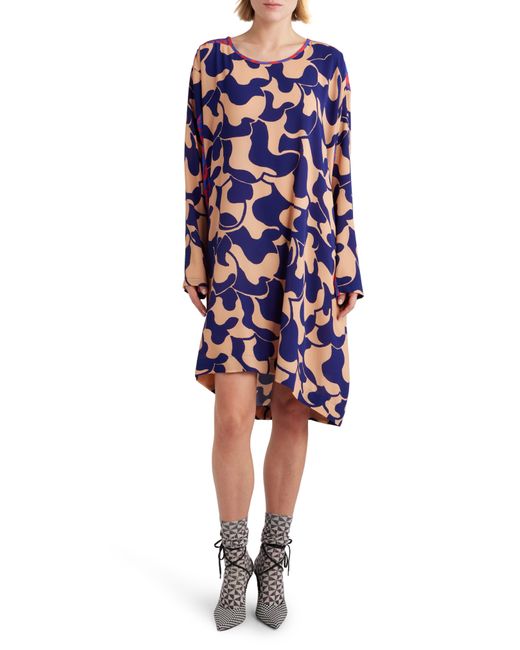 Dries Van Noten Blue Mixed Abstract Print Asymmetric Long Sleeve Shift Dress
