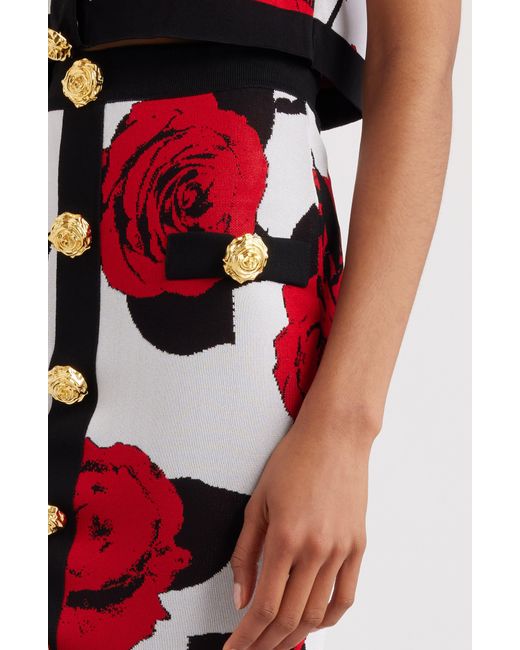 Balmain Red Roses Jacquard Sweater Skirt