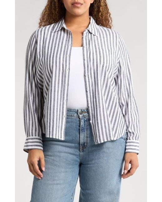 Caslon Gray Stripe Linen Blend Button-Up Shirt