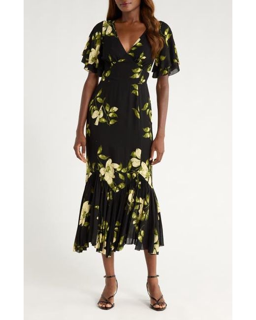 Reformation Black Salvia Floral Flutter Sleeve Mermaid Dress