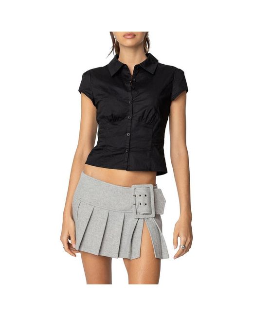 Edikted Black Massie Cap Sleeve Stretch Cotton Button-Up Shirt