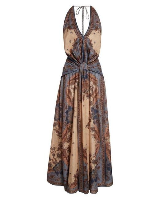 Zimmermann Brown Ascension Paisley Floral Halter Neck Maxi Dress