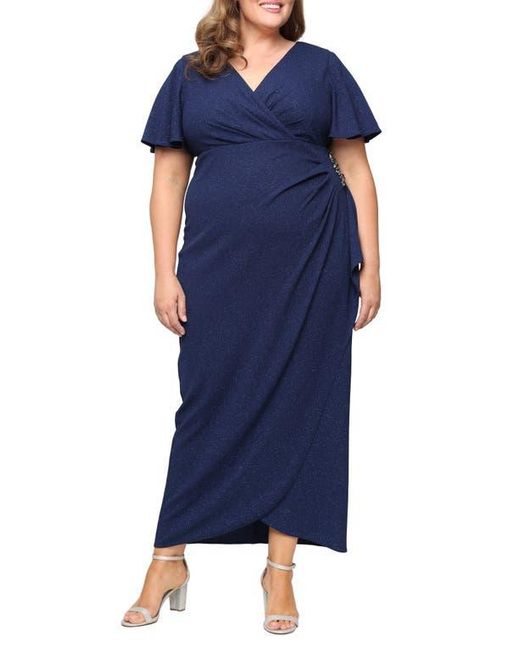 Sl Fashions Blue Sparkle Crystal Embellished Faux Wrap Gown