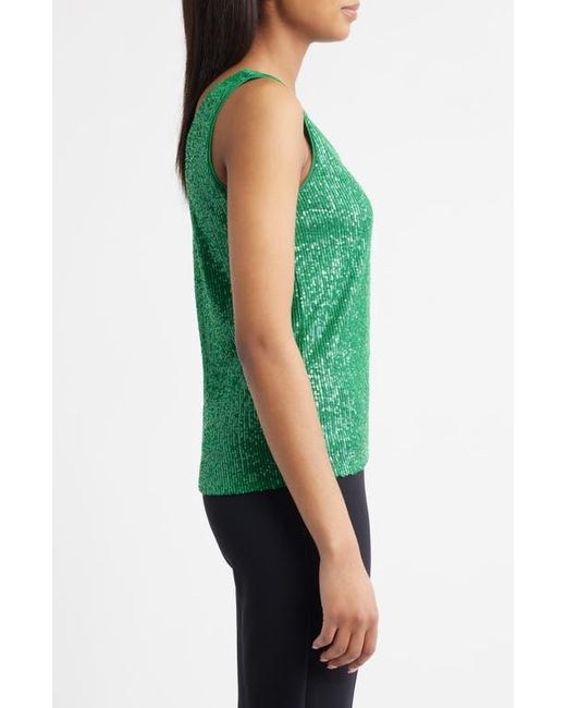Anne Klein Green Sequin Double Scoop Neck Mesh Tank
