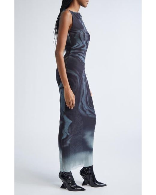 Jean Paul Gaultier Blue Blurry Roses Print Mesh Dress