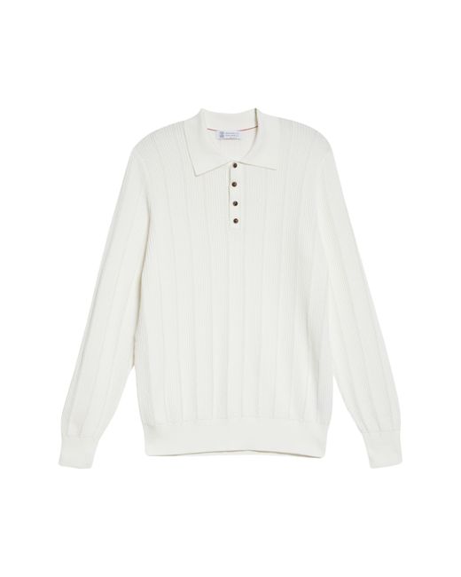 Brunello Cucinelli White Ribbed Long Sleeve Cotton Sweater Polo for men