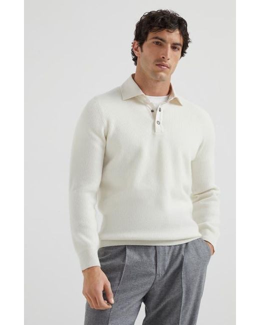 Brunello Cucinelli White Rib Knit Polo for men