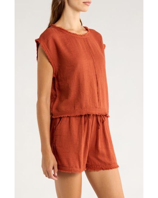 Elan Red Bali Fray Edge Cotton Cover-Up Crop Top