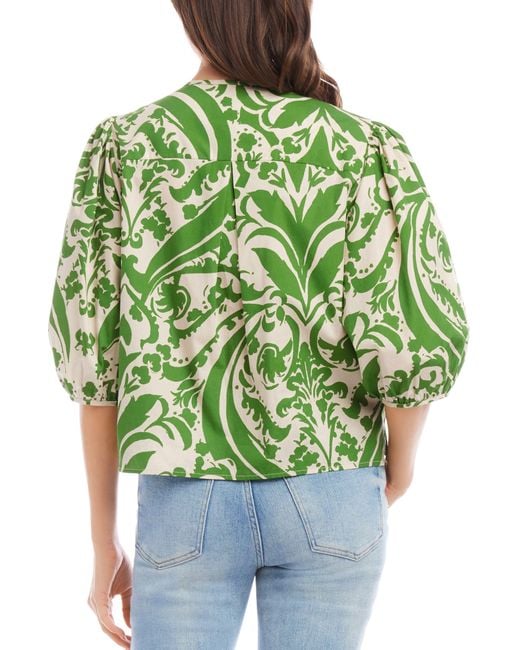 Karen Kane Green Print Puff Sleeve Cotton Button-up Top