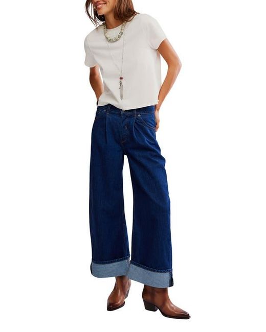 Free People Blue Alia Cuffed High Waist Wide Leg Jeans