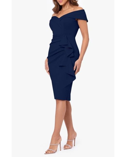 Xscape Evenings Ruffle Off The Shoulder Scuba Knit Cocktail Dress in Blue |  Lyst