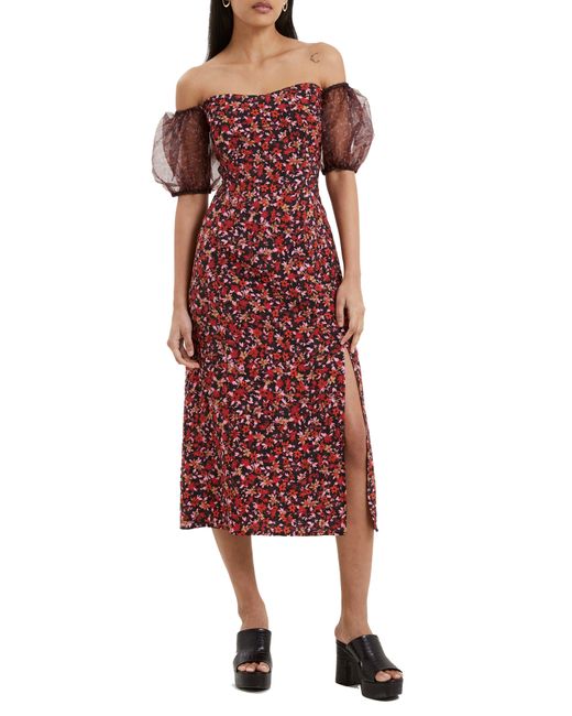 French Connection Red Clara Floral Off The Shoulder Puff Sleeve Dress