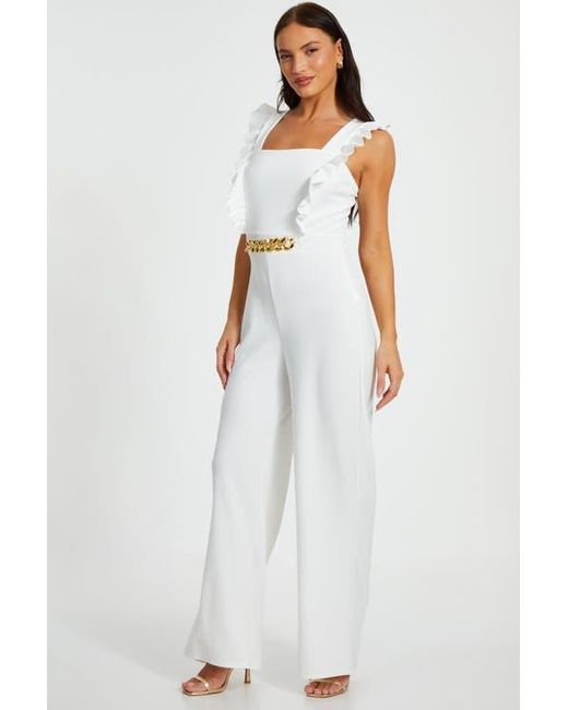 Quiz White Scuba Crepe Chain Front Frill Jumpsuit
