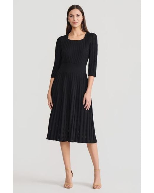 Ming Wang Women's Black Linear Pointelle Tonal Knit Fit-N-Flare Midi Dress
