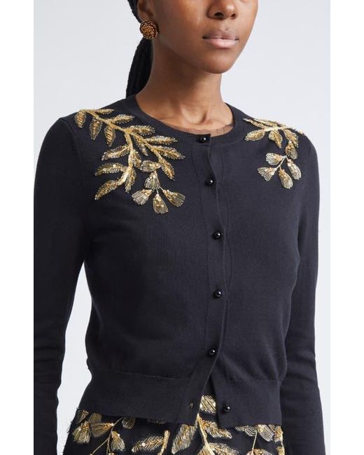 Carolina Herrera Black Leaf Embroidered Silk & Cotton Cardigan