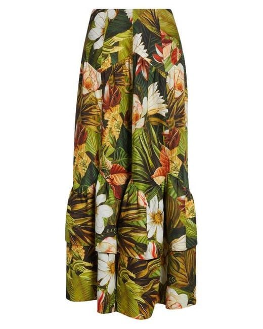 Farm Rio Green Botanical Forest Linen Blend Maxi Skirt